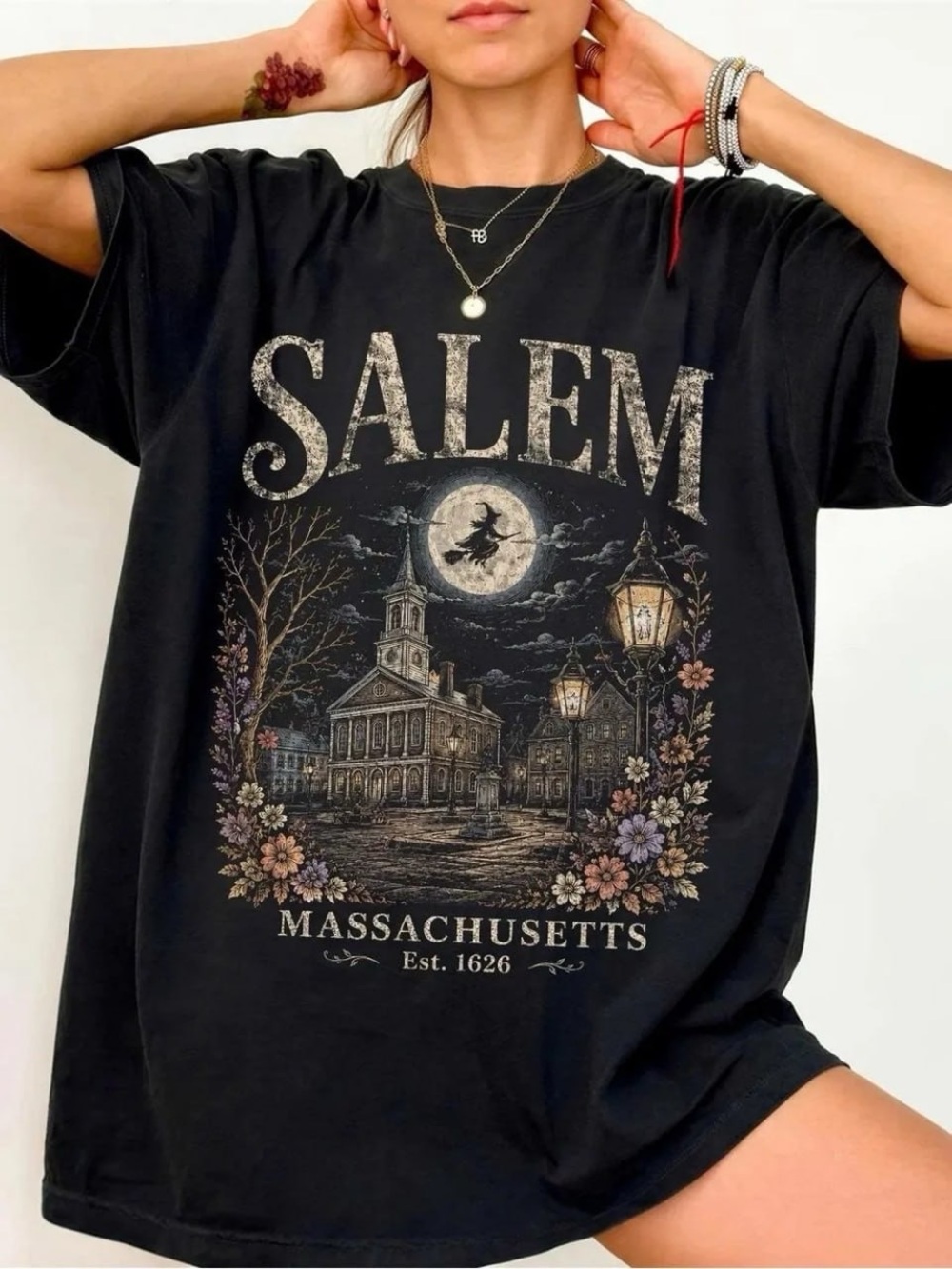 Black Salem Massachusetts Graphic Tee with Moonlit Townscape